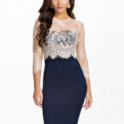 Crochet Shoulder Swing White Lace Blue Midi Dress