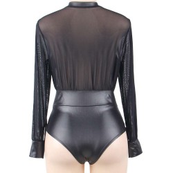 Black V-neck Zipper Leather Teddy