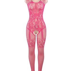 Strappy Shoulder Open Crotch Rosy Bodystocking