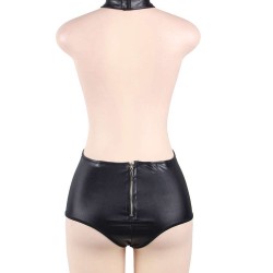 Plus Size Black Leather Choker Neck Teddy