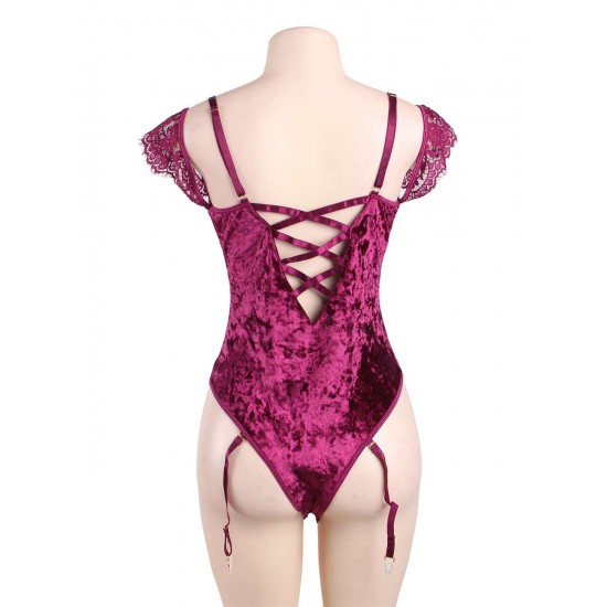 Sheer Lace Off-The-Shoulder Lace Sleeves Velvet Teddy Sheer Lace Off-The-Shoulder Lace Sleeves Velvet Teddy