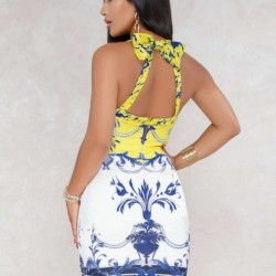 Printed Backless Tight Dress