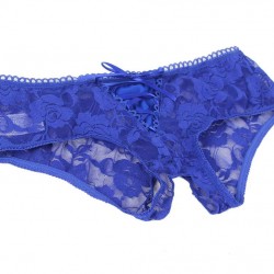 Blue Open Crotch Strappy Lace Thongs