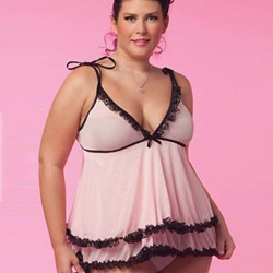 Pink 2 Pieces Plus Size Trim Black Lace Babydoll