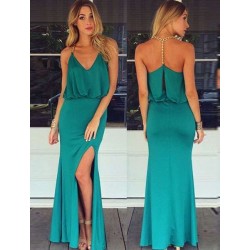 Gold Chain Halter Maxi Green Dress with T Back Gold Chain Halter Maxi Green Dress with T Back