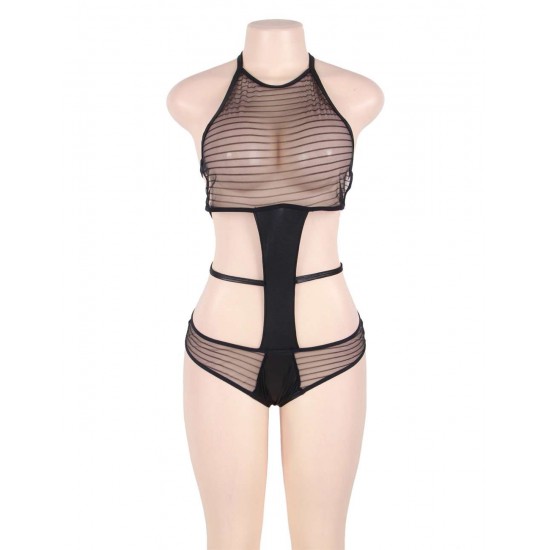 Plus Size Black Backless Striped Lace Teddy Plus Size Black Backless Striped Lace Teddy