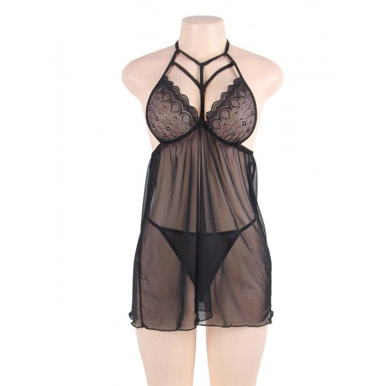 Plus Size Black Lace Backless Babydoll Set Plus Size Black Lace Backless Babydoll Set