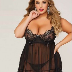 Plus Size Sexy Black Sheer Floral Eyelash Trim Lace Babydoll Set