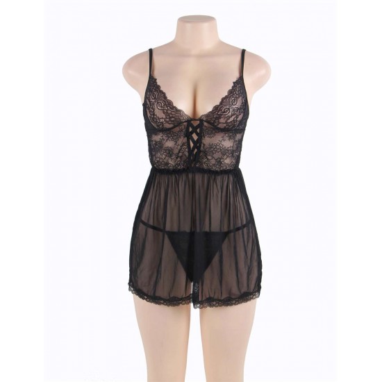 Plus Size Elegant black lace straps Babydoll Set Plus Size Elegant black lace straps Babydoll Set