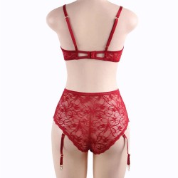 Plus Size Red Lace Open Bust Bra And Garter Panty Set With Steel Ring
