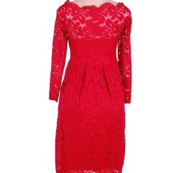 Plus Size Long Sleeve Fashion Red Lace Midi Dress