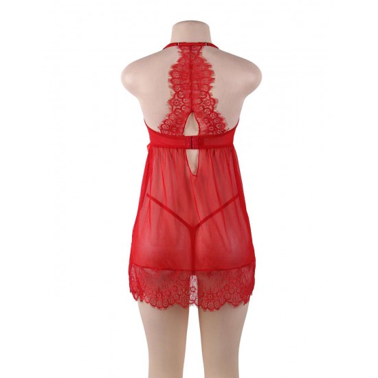 Plus Size Sexy Red Sheer Floral Eyelash Trim Lace Babydoll Set Plus Size Sexy Red Sheer Floral Eyelash Trim Lace Babydoll Set