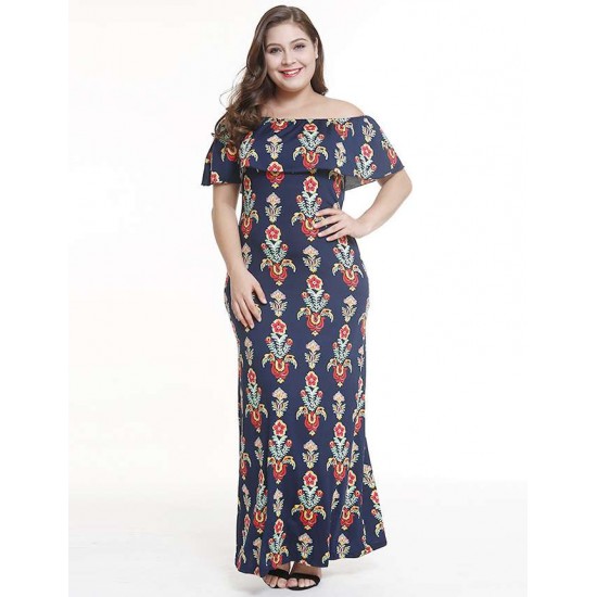 Plus Size Off Shoulder Casual Printed Long Dress Plus Size Off Shoulder Casual Printed Long Dress