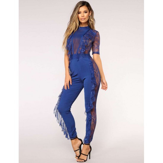 Blue Lace Half-length Sleeve Jumpsuit Blue Lace Half-length Sleeve Jumpsuit