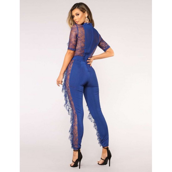 Blue Lace Half-length Sleeve Jumpsuit Blue Lace Half-length Sleeve Jumpsuit