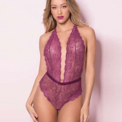 Purple Deep V Exquisite Lace Teddy