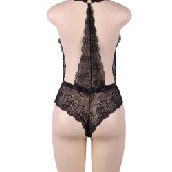 Plus Size Black Deep V Exquisite Lace Teddy