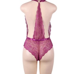 Plus Size Purple Deep V Exquisite Lace Teddy