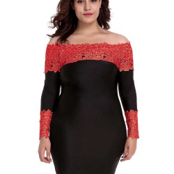 Plus Size Long Sleeve Off-Shoulder Fashion Lace Dress