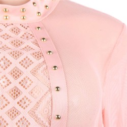 Pink Perspective Lace Stitching Rivet Decorated Long Sleeve Fashion Dress