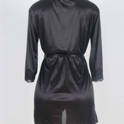 Black Silky Home Pajamas With Waist Belt