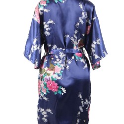  Flower And Bird Short Kimono Dark Blue Satin  Wrap  Pajamas 