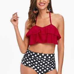 High Waist Polka Dot Print Sexy Ruffled Summer Women's Bikini Set