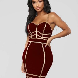 Golden Line Decoration Sexy Dark Red Bodycon Dress