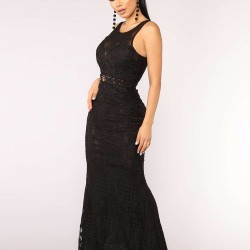Black Lace Patch Stitching Evening Dress