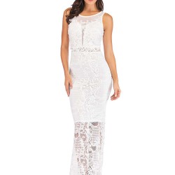 White Lace Patch Stitching Evening Dress