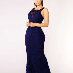 Dark Blue Lace Patch Stitching Evening Dress