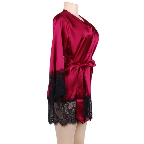 Wine Red Silk Satin Lace Sexy Women Kimono Home Pajamas Wine Red Silk Satin Lace Sexy Women Kimono Home Pajamas