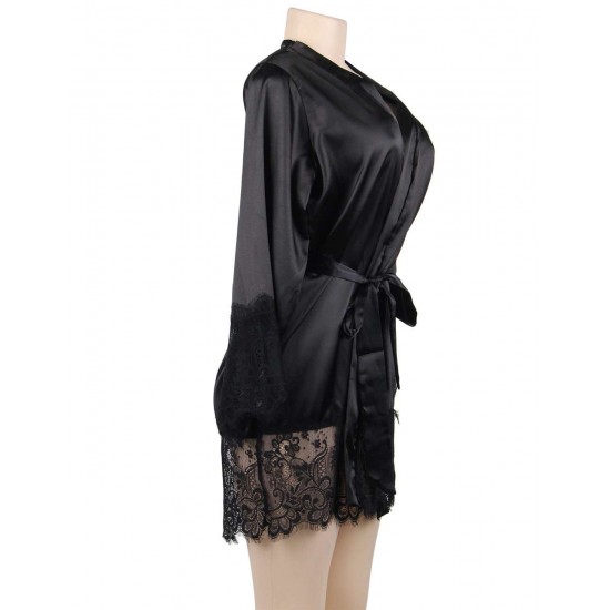 Plus Size Black Silk Satin Lace Sexy Women Kimono Home Pajamas Plus Size Black Silk Satin Lace Sexy Women Kimono Home Pajamas