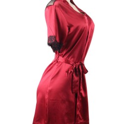 Plus Size Wine Red Silk Satin Lace Backless Sexy Women Kimono Home Pajamas