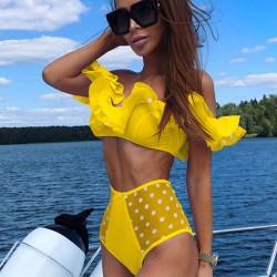 Yellow Wave Point Ruffle Sexy Summer Cute Bikini Set