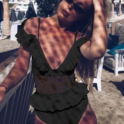 Black Lace Polka Dot Ruffle Sexy One Piece Swimsuit