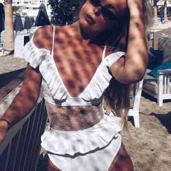 White Lace Polka Dot Ruffle Sexy One Piece Swimsuit