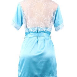 Plus Size Blue Silk Satin Lace Backless Sexy Women Kimono Home Pajamas