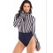 High Neck Long Bell Sleeve Stripe Bodycon Jumpsuit Leotard Tops