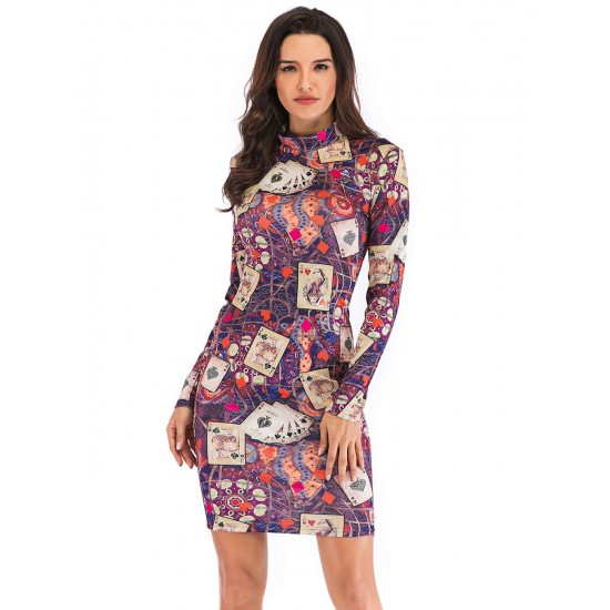 Fashion Poker printing Long Sleeve Bodycon Dress Fashion Poker printing Long Sleeve Bodycon Dress