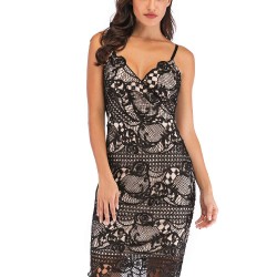 Elegant Black Straight Sling Hot Night Sexy Lace Dress