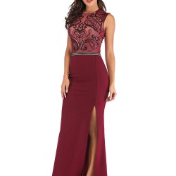 Dark Red Lace Patch Stitching Evening Dress