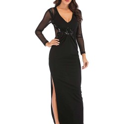 Black Sequined Decorative Transparent Lace Long Sleeve High Slit Long Dress