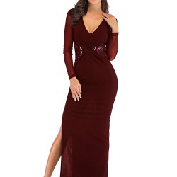 Dark Red Sequined Decorative Transparent Lace Long Sleeve High Slit Long Dress