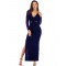 Dark Blue Sequined Decorative Transparent Lace Long Sleeve High Slit Long Dress