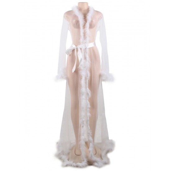 Plus Size Queen White Robe Perspective Sheer Sleepwear With Fur Plus Size Queen White Robe Perspective Sheer Sleepwear With Fur
