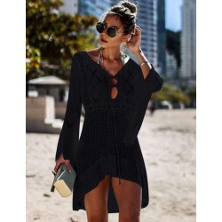 Long Sleeve Black Knitted Handmade Crochet Hollow Beach Dress 