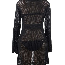 Long Sleeve Black Knitted Handmade Crochet Hollow Beach Dress 
