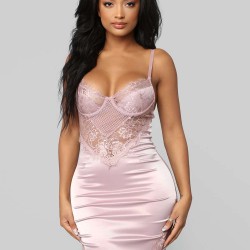 Sexy Pink Lace Fitted Low Back Satin Club Party Bodycon Dress