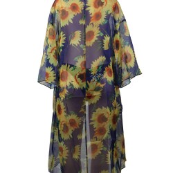 Sunflower Print Sexy Sheer Chiffon Cardigan Beach Cover Up